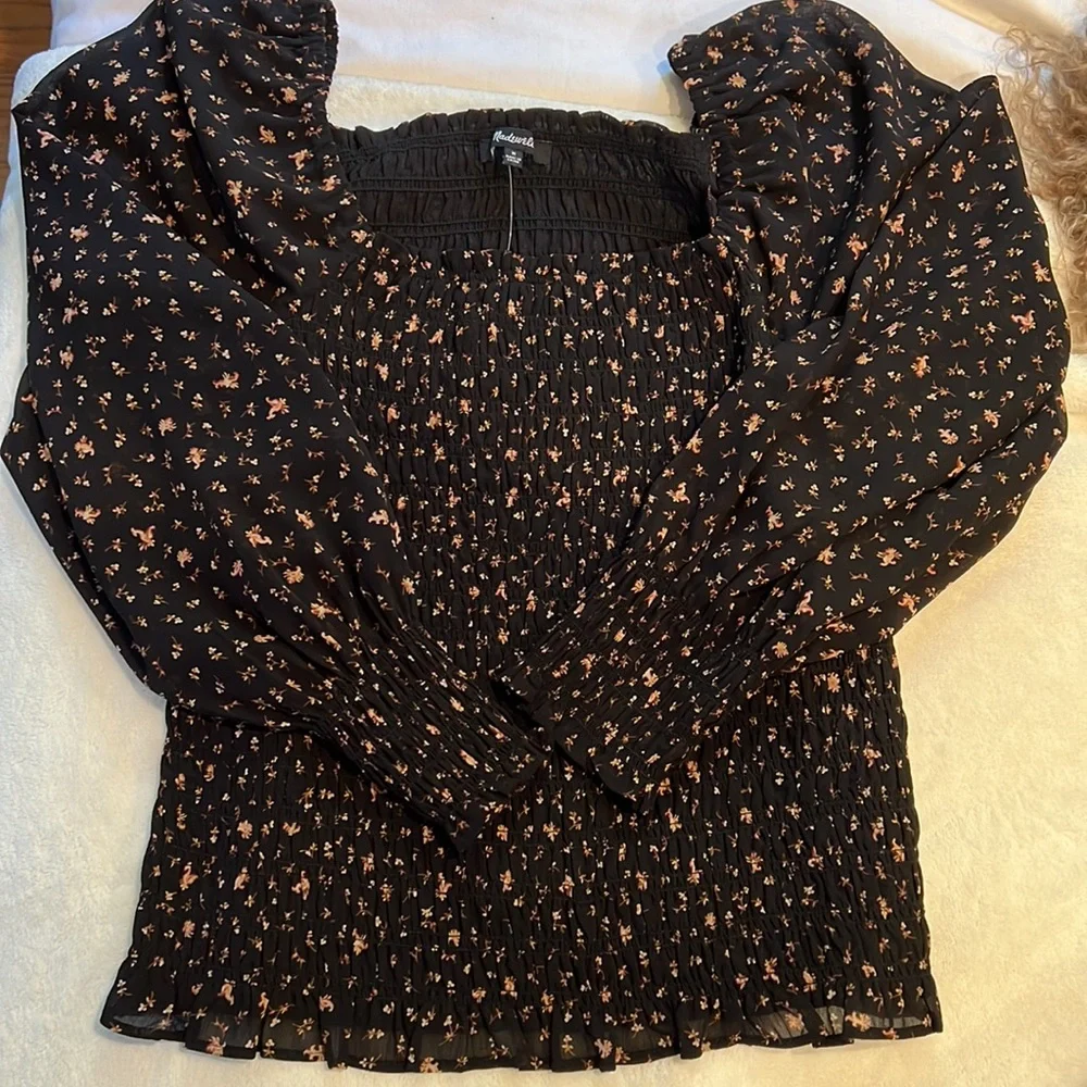 NWT Madewell (Re)sourced Georgette Lucie Bubble-Sleeve Smocked Top in Stem - Picture 4 of 6
